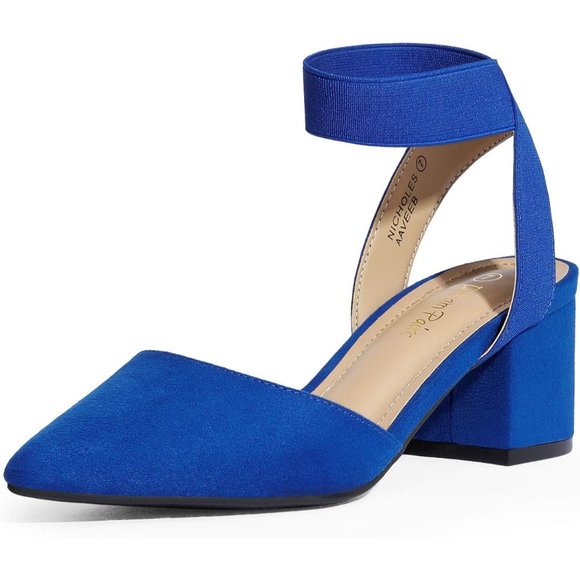 Pointed Toe Low Chunky Heel Pump Royal Blue Latex Insole Adjustable Buckle Shoes - Picture 1 of 6